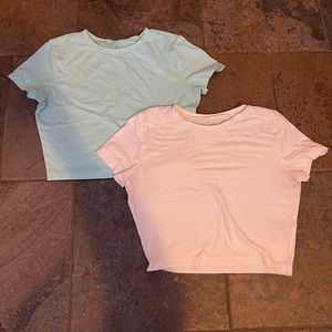Short sleeve crop tops. TWO! White and blue crop tops are in great condition